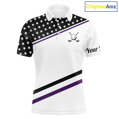 Mens Golf Polo Shirt Custom US Flag Black Purple Golf Shirt Patriotic Polo Team Clothing Attire NYN4451