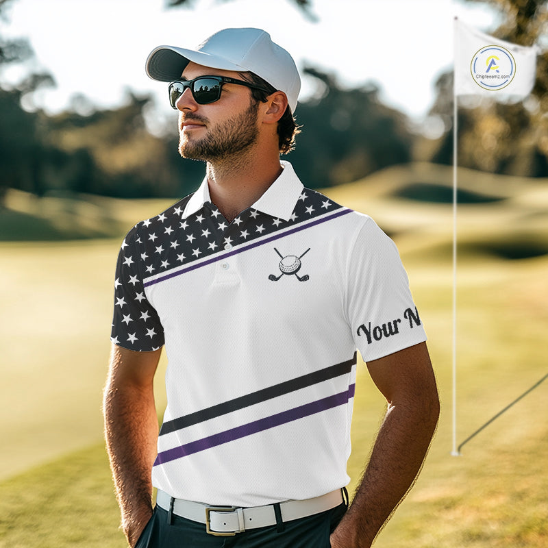 Mens Golf Polo Shirt Custom US Flag Black Purple Golf Shirt Patriotic Polo Team Clothing Attire NYN4451