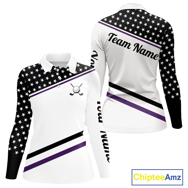 Women Golf Polo Shirt Custom US Flag Black Purple Golf Shirt Patriotic Polo Team Clothing Attire NYN4451