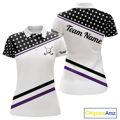 Women Golf Polo Shirt Custom US Flag Black Purple Golf Shirt Patriotic Polo Team Clothing Attire NYN4451