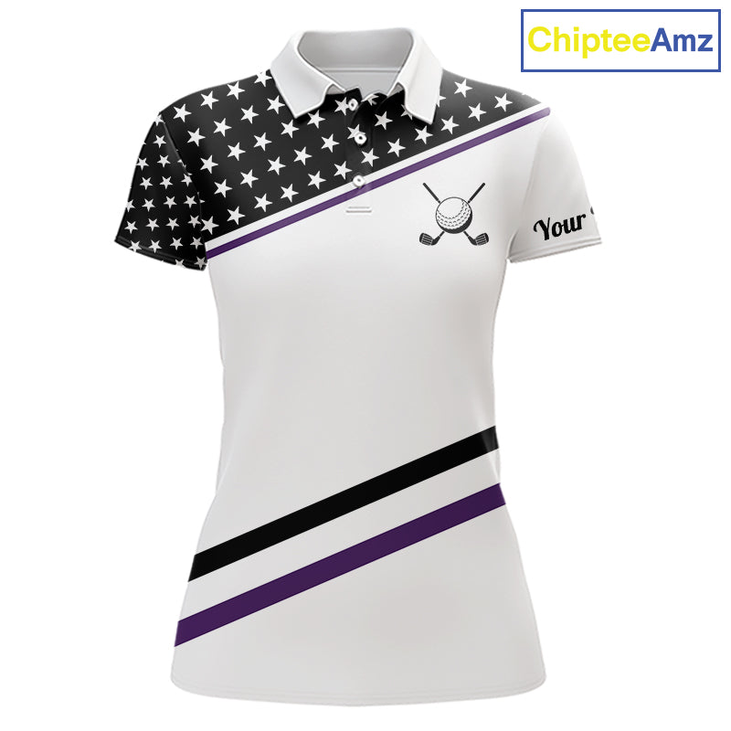Women Golf Polo Shirt Custom US Flag Black Purple Golf Shirt Patriotic Polo Team Clothing Attire NYN4451