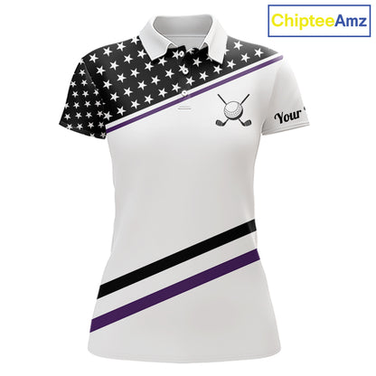 Women Golf Polo Shirt Custom US Flag Black Purple Golf Shirt Patriotic Polo Team Clothing Attire NYN4451