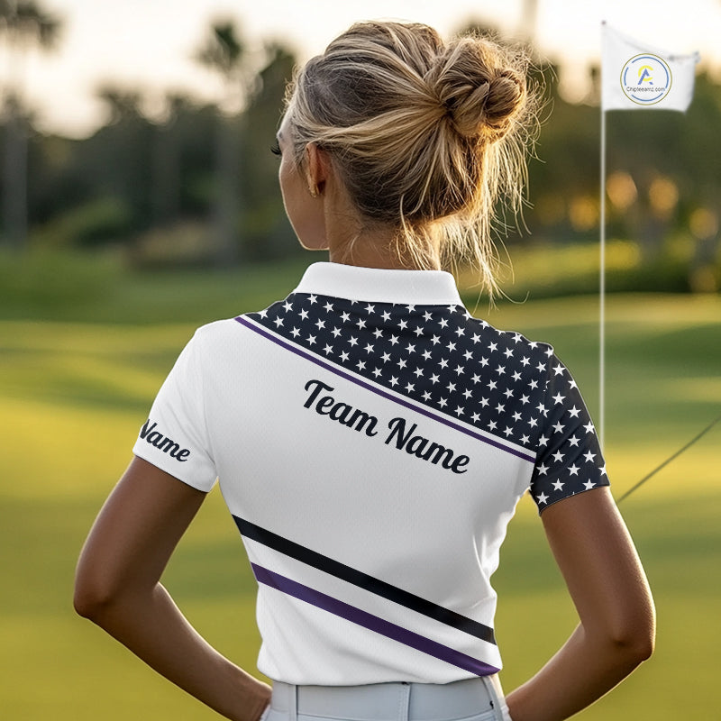 Women Golf Polo Shirt Custom US Flag Black Purple Golf Shirt Patriotic Polo Team Clothing Attire NYN4451