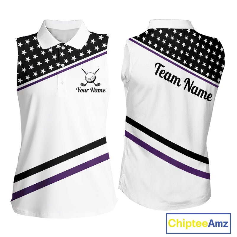 Women Golf Sleeveless Polo Shirt Custom US Flag Black Purple Golf Shirt Patriotic Team Clothing Attire NYN4451