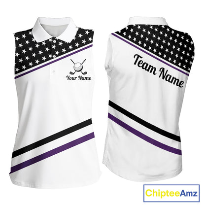 Women Golf Sleeveless Polo Shirt Custom US Flag Black Purple Golf Shirt Patriotic Team Clothing Attire NYN4451