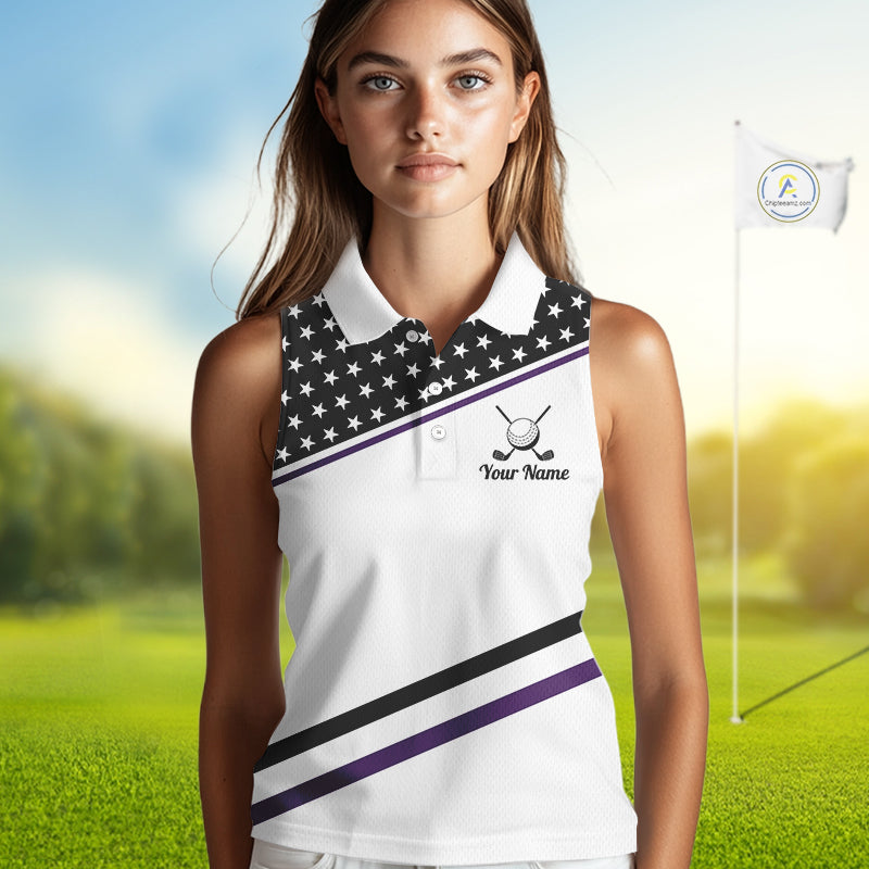 Women Golf Sleeveless Polo Shirt Custom US Flag Black Purple Golf Shirt Patriotic Team Clothing Attire NYN4451