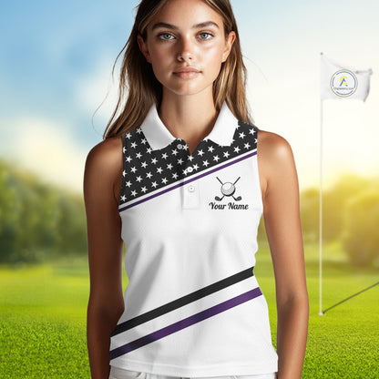 Women Golf Sleeveless Polo Shirt Custom US Flag Black Purple Golf Shirt Patriotic Team Clothing Attire NYN4451