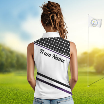 Women Golf Sleeveless Polo Shirt Custom US Flag Black Purple Golf Shirt Patriotic Team Clothing Attire NYN4451