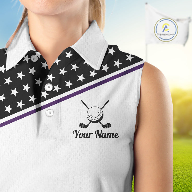 Women Golf Sleeveless Polo Shirt Custom US Flag Black Purple Golf Shirt Patriotic Team Clothing Attire NYN4451