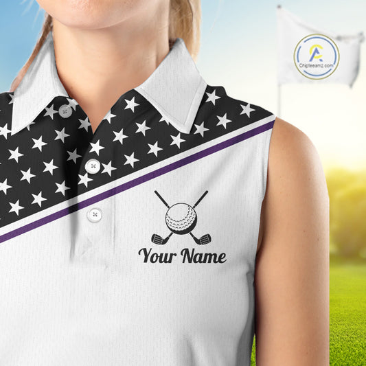 Women Golf Sleeveless Polo Shirt Custom US Flag Black Purple Golf Shirt Patriotic Team Clothing Attire NYN4451