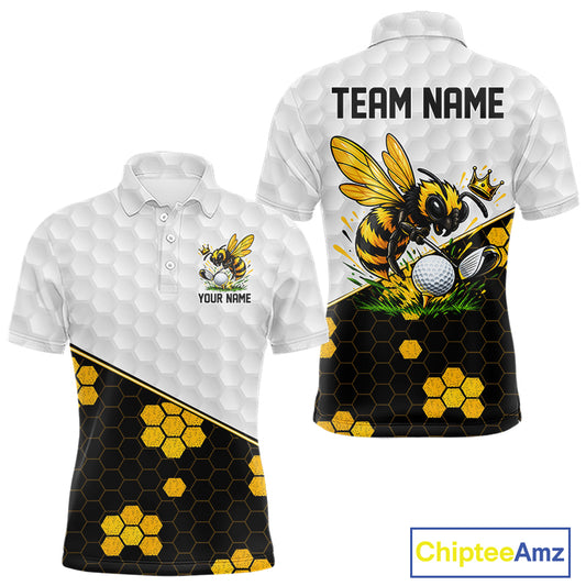 Custom Men's Golf Polo Shirt With Name Yellow Bee Golfer Hexagon Honeycomb Golf Tournament Jersey NYN4457