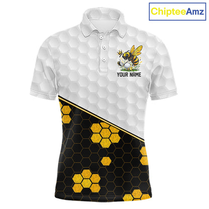 Custom Men's Golf Polo Shirt With Name Yellow Bee Golfer Hexagon Honeycomb Golf Tournament Jersey NYN4457