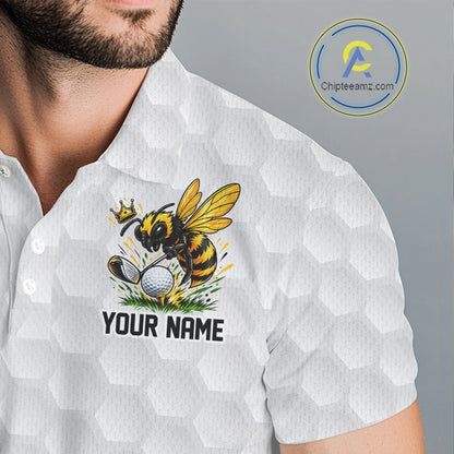 Custom Men's Golf Polo Shirt With Name Yellow Bee Golfer Hexagon Honeycomb Golf Tournament Jersey NYN4457