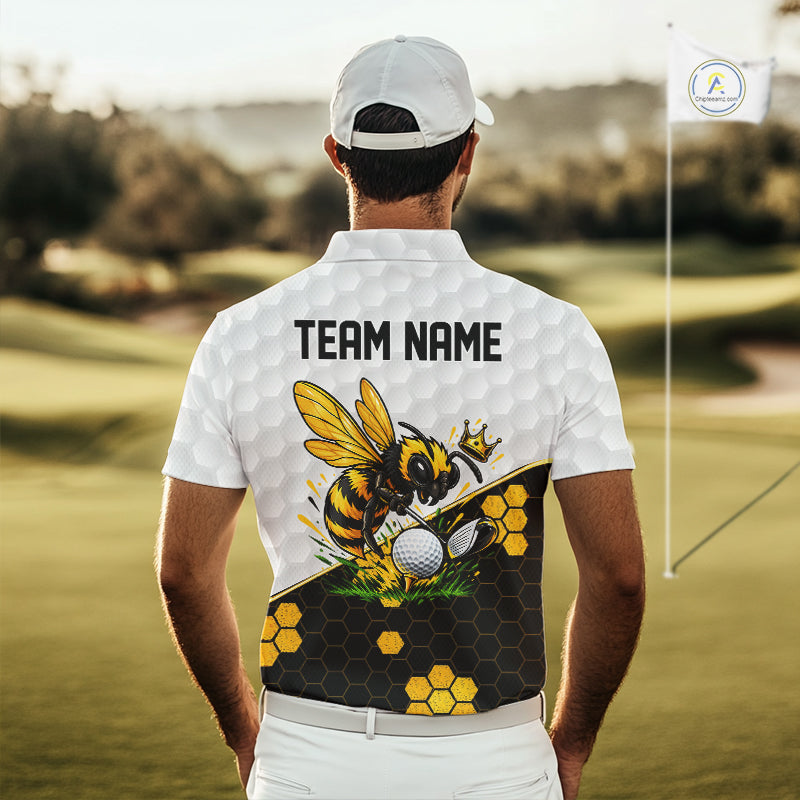 Custom Men's Golf Polo Shirt With Name Yellow Bee Golfer Hexagon Honeycomb Golf Tournament Jersey NYN4457