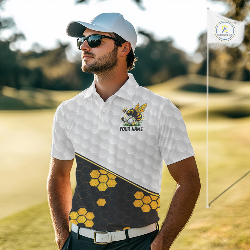 Custom Men's Golf Polo Shirt With Name Yellow Bee Golfer Hexagon Honeycomb Golf Tournament Jersey NYN4457