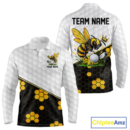 Custom Men's Golf Polo Shirt With Name Yellow Bee Golfer Hexagon Honeycomb Golf Tournament Jersey NYN4457