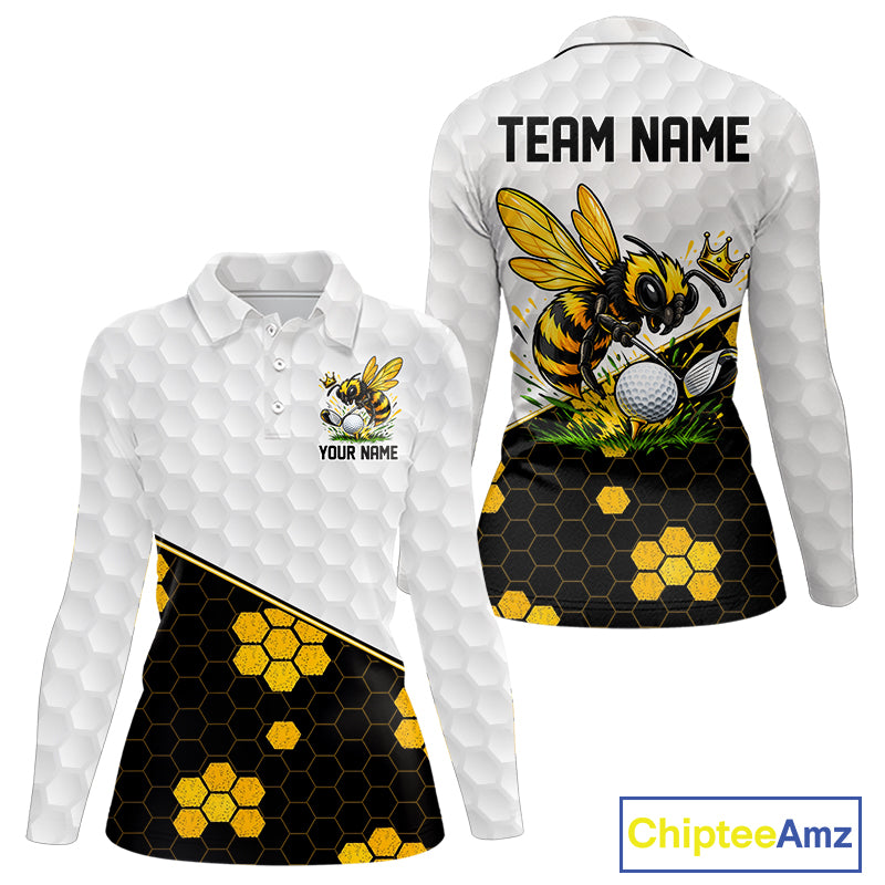 Custom Women Golf Polo Shirt With Name Yellow Bee Golfer Hexagon Honeycomb Golf Tournament Jersey NYN4457