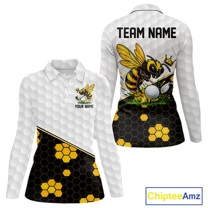 Custom Women Golf Polo Shirt With Name Yellow Bee Golfer Hexagon Honeycomb Golf Tournament Jersey NYN4457