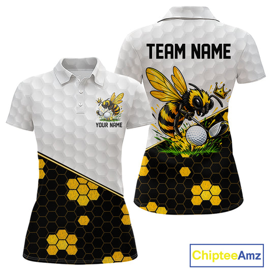 Custom Women Golf Polo Shirt With Name Yellow Bee Golfer Hexagon Honeycomb Golf Tournament Jersey NYN4457