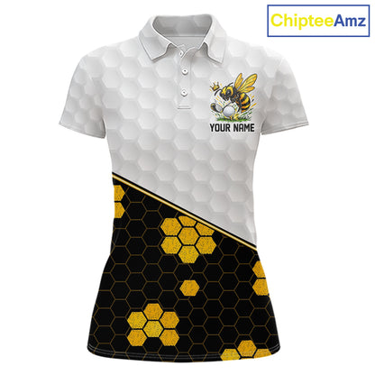 Custom Women Golf Polo Shirt With Name Yellow Bee Golfer Hexagon Honeycomb Golf Tournament Jersey NYN4457