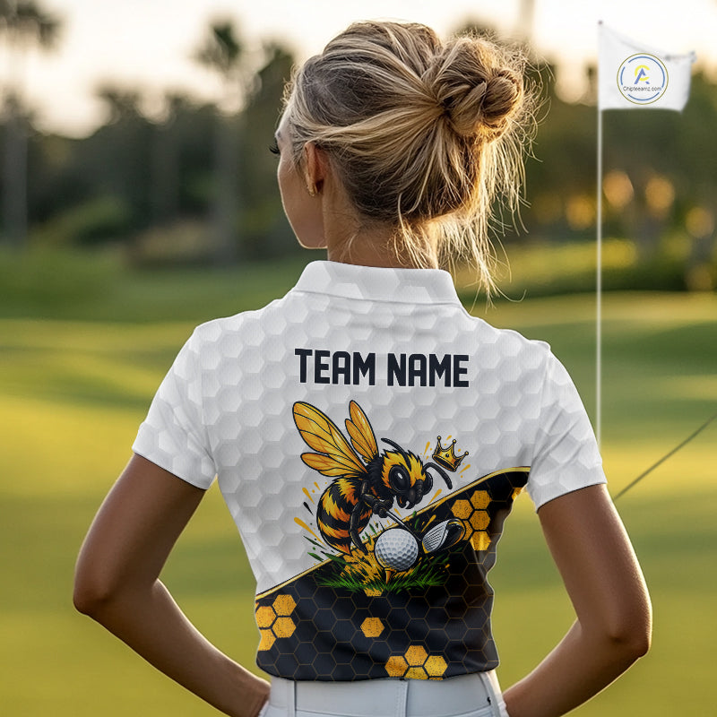 Custom Women Golf Polo Shirt With Name Yellow Bee Golfer Hexagon Honeycomb Golf Tournament Jersey NYN4457