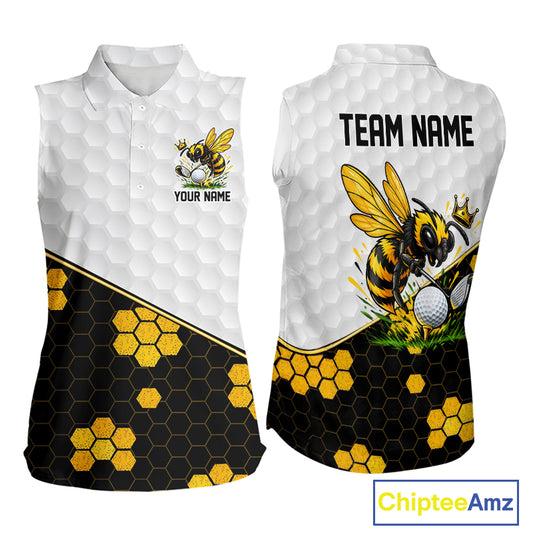 Custom Women Golf Sleeveless Polo Shirt With Name Yellow Bee Golfer Hexagon Honeycomb Golf Tournament Jersey NYN4457