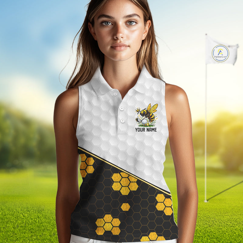 Custom Women Golf Sleeveless Polo Shirt With Name Yellow Bee Golfer Hexagon Honeycomb Golf Tournament Jersey NYN4457
