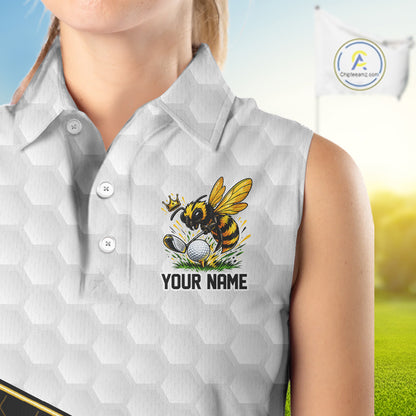 Custom Women Golf Sleeveless Polo Shirt With Name Yellow Bee Golfer Hexagon Honeycomb Golf Tournament Jersey NYN4457