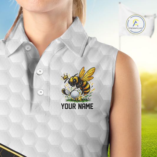 Custom Women Golf Sleeveless Polo Shirt With Name Yellow Bee Golfer Hexagon Honeycomb Golf Tournament Jersey NYN4457