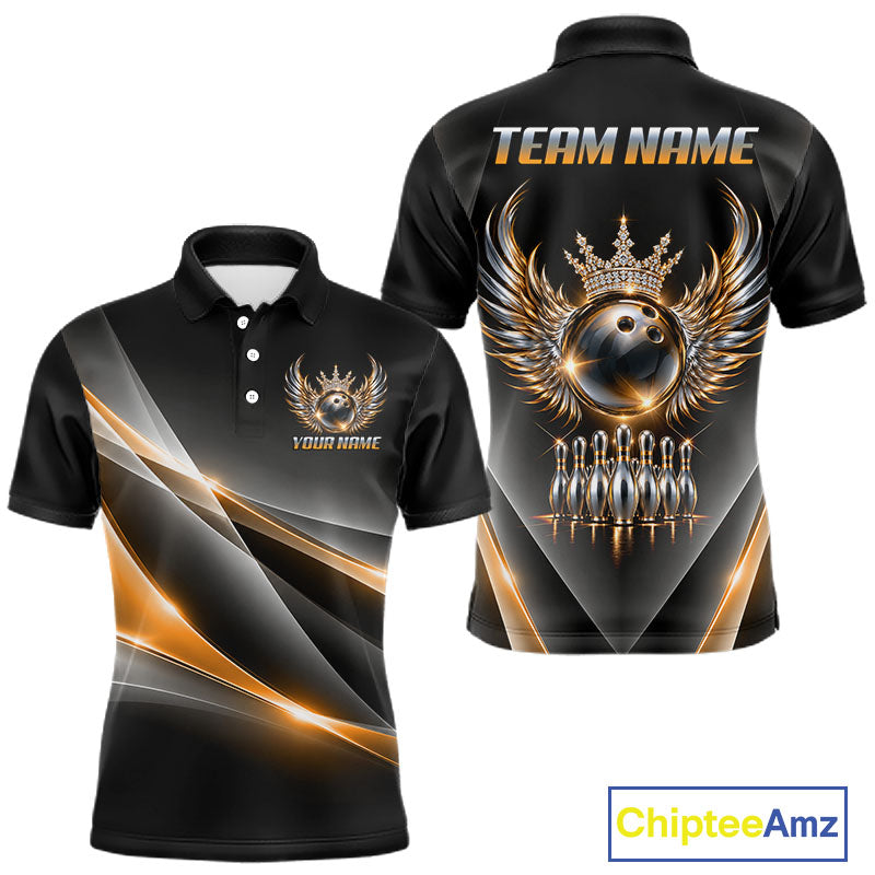 Custom Diamond Crown Winged Bowling Polo 1/4-Zip Shirt For Men Gold Silver Bowling Team Name Jersey NYN4833