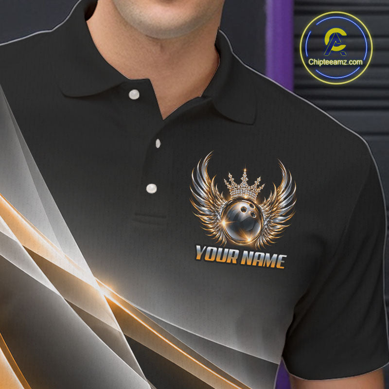 Custom Diamond Crown Winged Bowling Polo 1/4-Zip Shirt For Men Gold Silver Bowling Team Name Jersey NYN4833