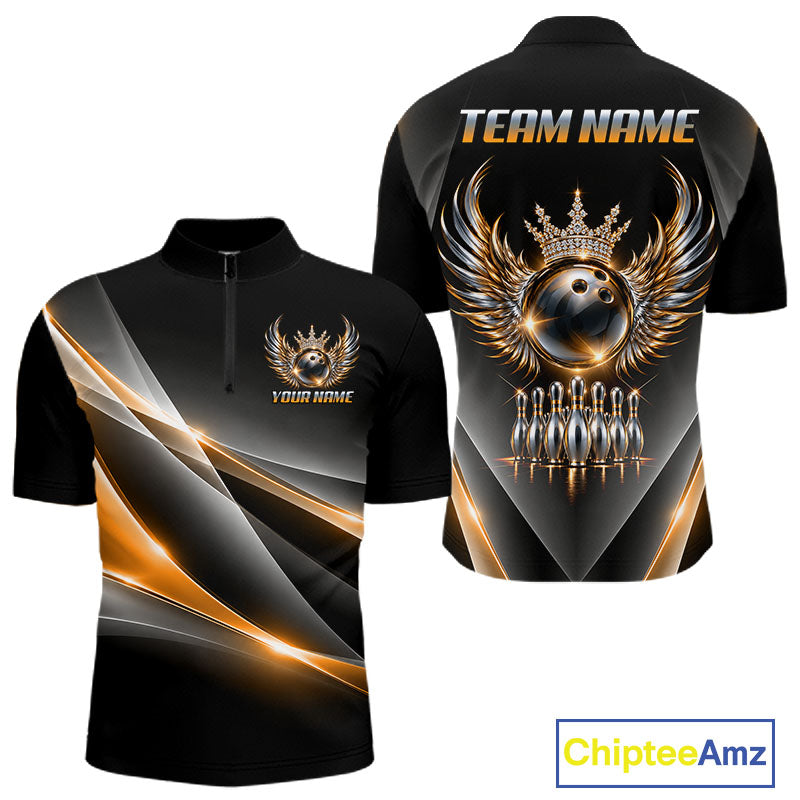 Custom Diamond Crown Winged Bowling Polo 1/4-Zip Shirt For Men Gold Silver Bowling Team Name Jersey NYN4833