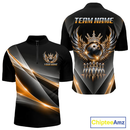 Custom Diamond Crown Winged Bowling Polo 1/4-Zip Shirt For Men Gold Silver Bowling Team Name Jersey NYN4833