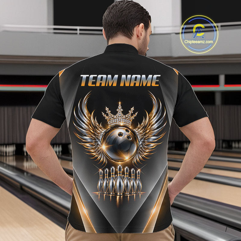 Custom Diamond Crown Winged Bowling Polo 1/4-Zip Shirt For Men Gold Silver Bowling Team Name Jersey NYN4833
