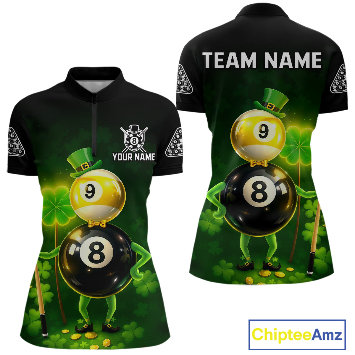 Funny Shamrock Pool 9 Ball & 8 Ball Women's Billiard Team Shirt Custom Patrick Day Billiard Attire NYN2473