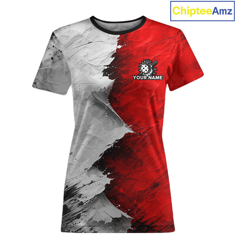 White & Red Paint Splatter Pickleball Ball T-Shirt For Women Custom Outfits Pickleball Jerseys NYN2488