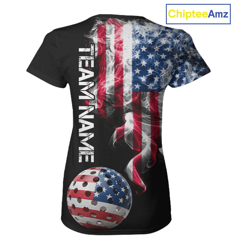 US Flag Smoking Pickleball Ball T-Shirt For Women Custom Patriotic Pickleball Team Jerseys NYN2490