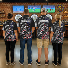 Load image into Gallery viewer, Men's dart team wearing personalized Smoke US Flag patriotic dart uniforms for league tournament