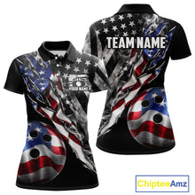 Load image into Gallery viewer, Personalized Smoke US Flag women's bowling polo shirt custom patriotic bowling team uniform, personalized bowling jersey, ladies bowling league apparel, tournament bowling shirt