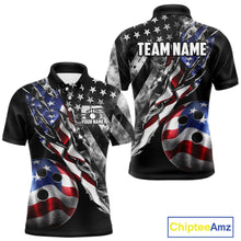 Load image into Gallery viewer, Personalized Smoke US Flag men's bowling polo shirt custom patriotic bowling team uniform, personalized bowling jersey, men's bowling league apparel, tournament bowling shirt