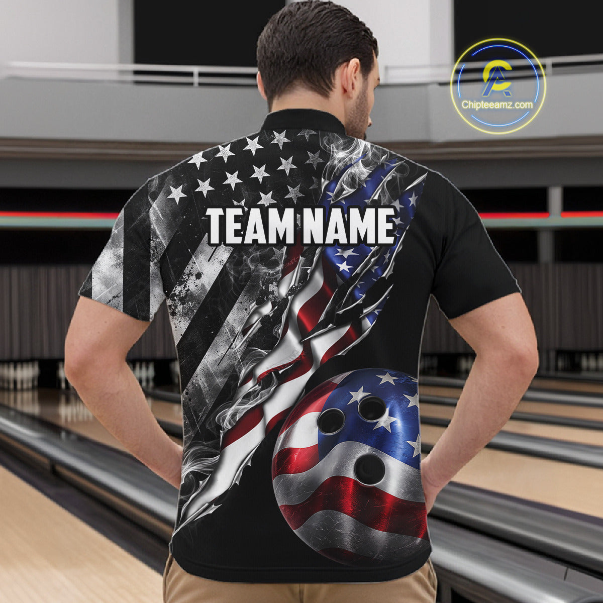 Male bowler wearing personalized Smoke US Flag bowling jersey during league tournament competition, patriotic bowling apparel