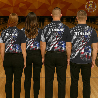 Men women bowling team wearing personalized Smoke US Flag patriotic bowling uniforms, custom bowling team jerseys for league and tournament play