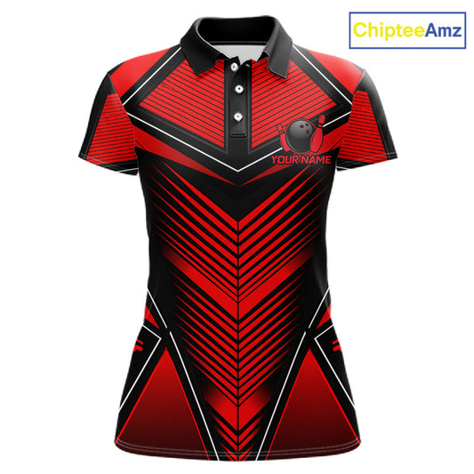 Woman wearing Black & Red Strikes Bowling Polo Shirt featuring dynamic bowling pin graphics, personalized bowling team apparel, moisture-wicking performance polo, tournament sportswear, custom bowling jersey.