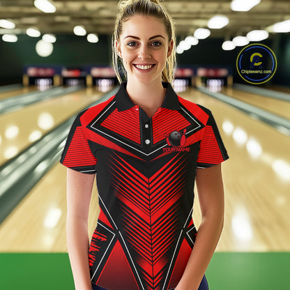 Female bowler celebrating strike while wearing Black & Red bowling jersey, custom bowling team apparel, championship sportswear, victory symbolism, league competition clothing.