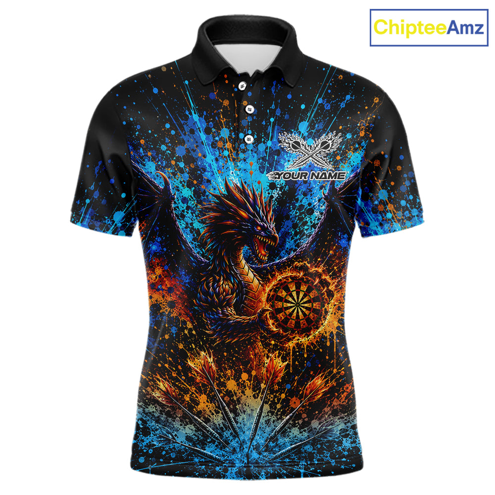 Blue And Orange Splatter Dragon Darts Polo Quarter-Zip Shirts For Men Custom Darts Team Jersey NYN4085