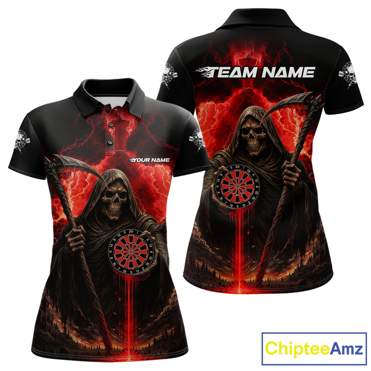 Custom Lightning Red Grim Reaper Dartboard Dart Polo Shirt For Women Dart Team Jerseys NYN1418