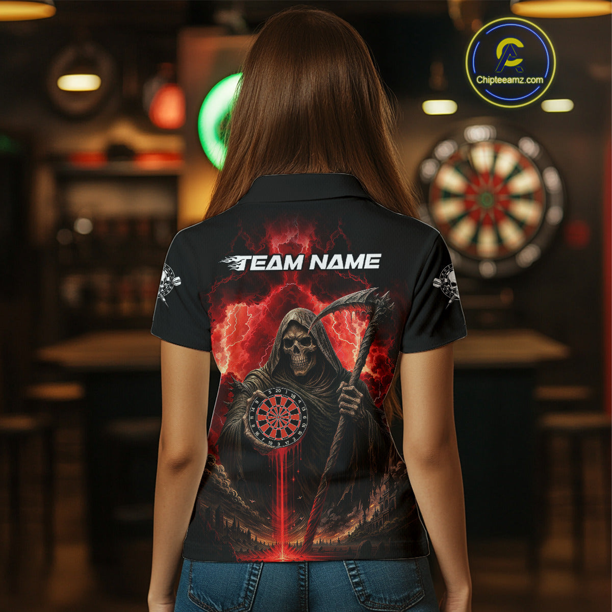 Custom Lightning Red Grim Reaper Dartboard Dart Polo Shirt For Women Dart Team Jerseys NYN1418