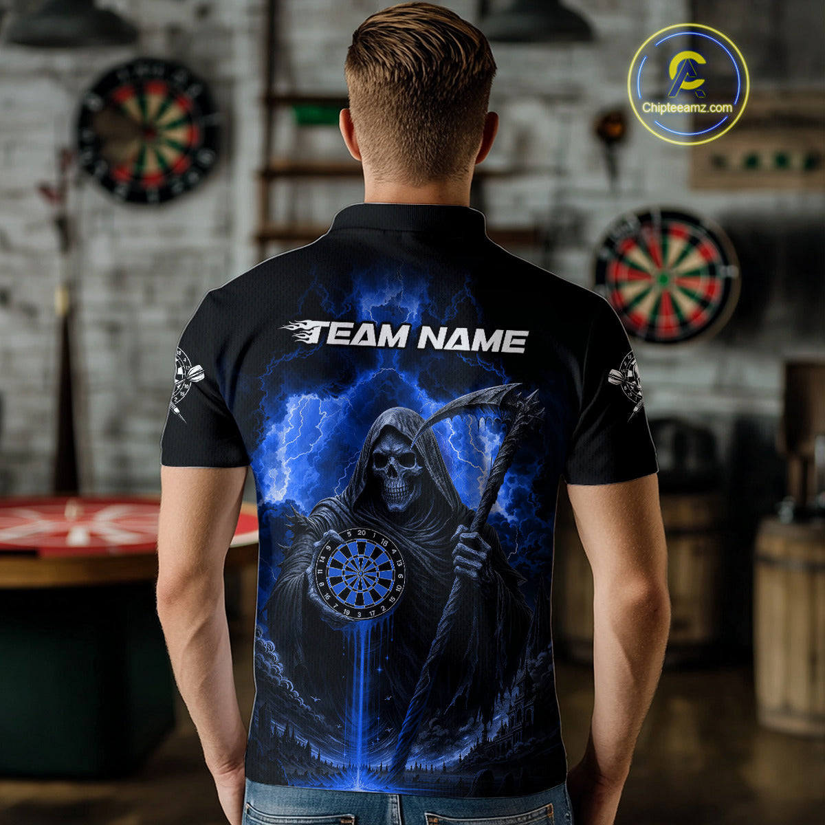 Custom Lightning Blue Grim Reaper Dartboard Dart Polo Shirt For Men Dart Team Jerseys NYN1419