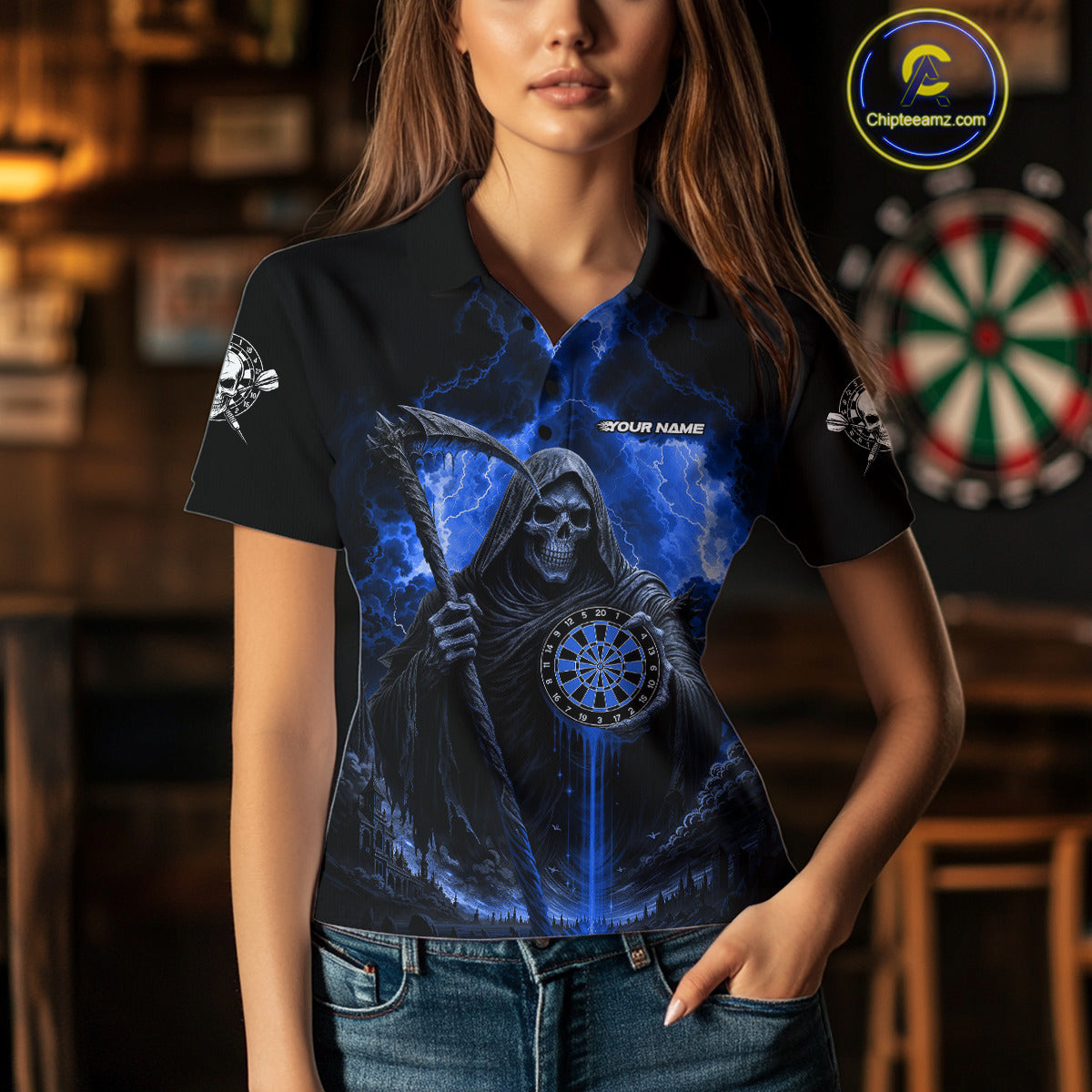 Custom Lightning Blue Grim Reaper Dartboard Dart Polo Shirt For Women Dart Team Jerseys NYN1419