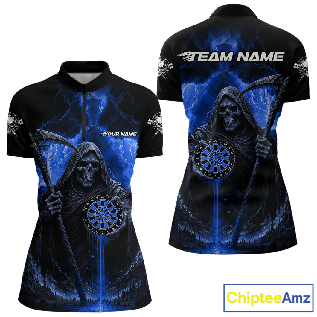 Custom Lightning Blue Grim Reaper Dartboard Dart 1/4-Zip Shirt For Women Dart Team Jerseys NYN1419